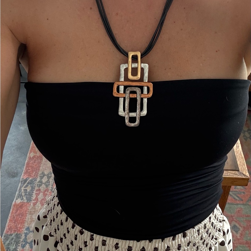 Vintage Tri -Tone Geometric Sculptural Pendant Necklace - Black Cord